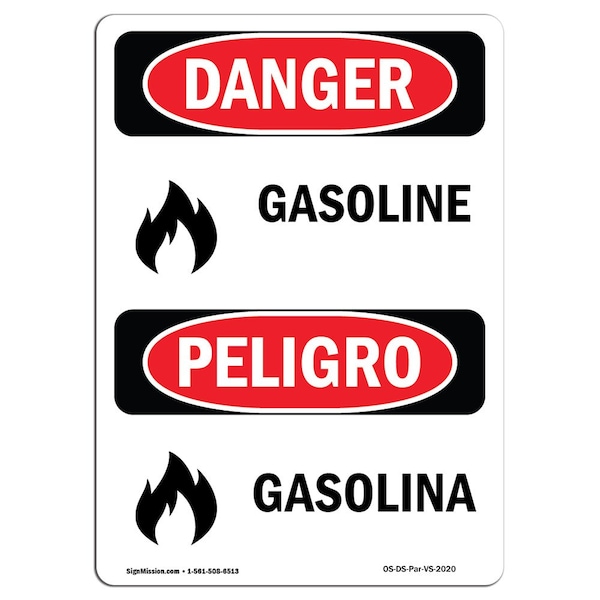 Safety Sign, OSHA Danger, 5" Height, Gasolina, Bilingual Spanish, 10PK